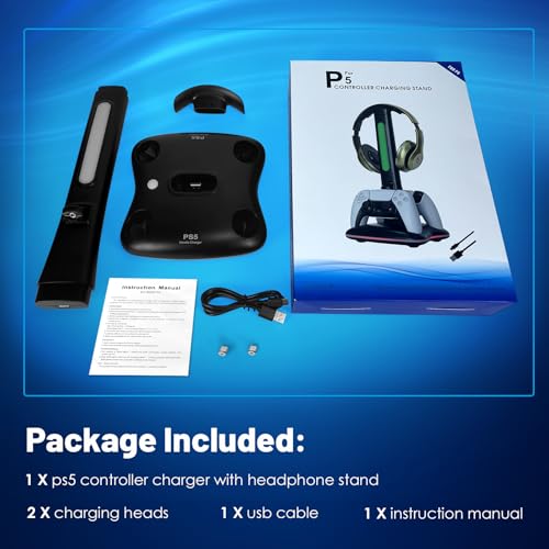 PS5 Controller Charger with RGB Headphone Stand, PS5 Controller Charging Station with 2 USB Port, Headset and Controllers Stand Holder for PlayStation 5, Gaming Gifts for Gamers Men - size: Dual Charger for PS5