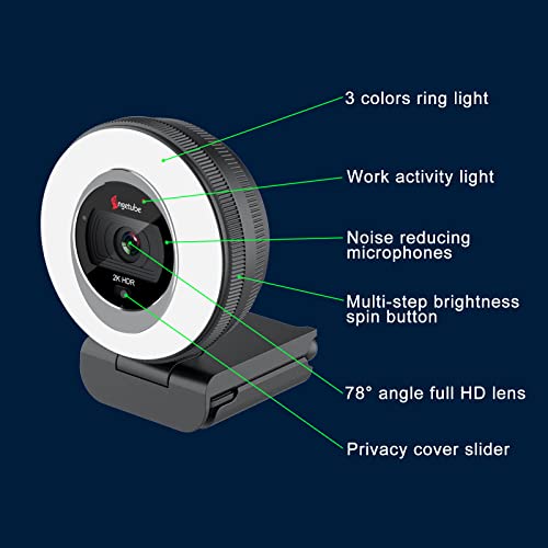 Angetube 2K Webcam for PC/Laptop/Mac, 1080P Computer Camera with RingLight | Remote, Low-Light Correction, 2 Mics and Privacy Cover, Auto Focus Digital Zoom, HDR Web Camera for Zoom/Skype/Teams