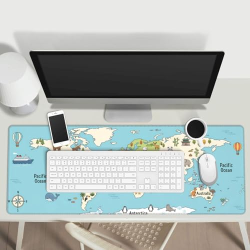 World Map Animals Gaming Mouse Pad, Large Extended Desk Mat (31.5x11.8 in), Non-Slip Rubber Base Stitched Edges Mousepad for Work Office Gaming School - color: 18