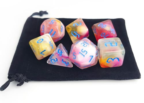 Pink Blue Mixed D&D Dice Set 7pcs (Red Marble) | Polyhedral Dice Set for DND, CoC Accessories, TTRPGs, Dungeon and Dragons, Role Playing Games – D20 System Games - color: Retro Red Marble Candy & Blue