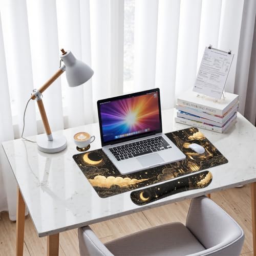 Fantasy Castle Desk Mat Set Celestial Gothic Night Large Mouse Pad with Wrist Rest 4-in-1 Desk Mat for Desktop Ergonomic Computer Desk Arm Wrist Anti-Slip Computer Ergonomic Mouse Pad Office Gaming - color: Fantasy Castle, size: 34.5" x 15.7"
