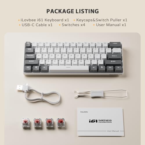 iLovBee i61 Mechanical Keyboard 60 Percent, Wired RGB Gaming Keyboard, 61 Keys Compact Mini Custom Keyboards for PC/Mac Gamer, Hot Swappable Linear Red Switch, Grey and White