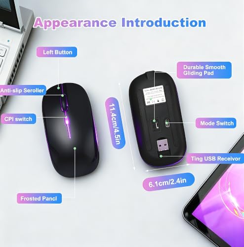 Wireless Bluetooth Mouse, Rechargeable Computer Mouse, Matte Black | Dual Mode - BT5.2 & 2.4G,Long Lasting,Silent RGB LED Mice,Slim Portable Mouse for Laptop,PC,Tablet,MacBook,iPad,Apple Devices - color: Matte Black