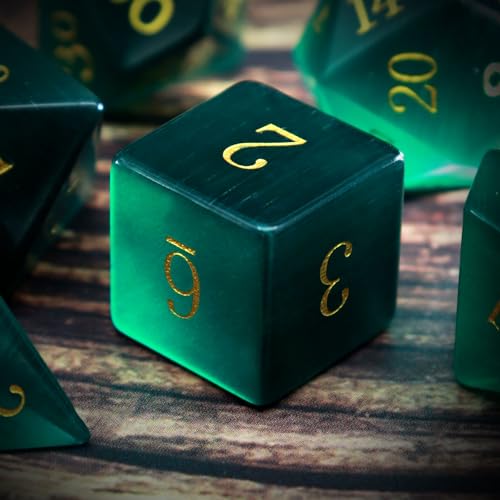 Haxtec Gemstone DND Dice Set Emerald Green Cat Eye Stone Dice with Dice Case Compatible with Dungeons and Dragons Role Playing Games DNDGift - color: Green