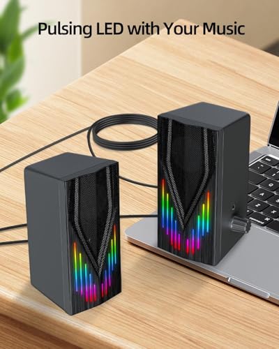 Uakinat Computer Speakers with 6 Colorful RGB Lights,USB Powered 3.5mm Aux with Loud Stereo Sound,Headphone-in for Desktop,PC/Laptop/Tablet Phone