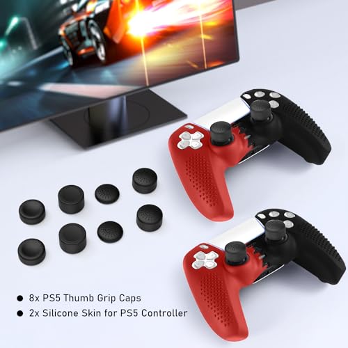 PS5 Controller Skin, Anti-Slip Soft Silicone Protective Cover Case for PlayStation 5 Controller Grip Accessories, 2 Pack with 8 x Thumb Grip Caps (Black&Red) - color: Black&Red