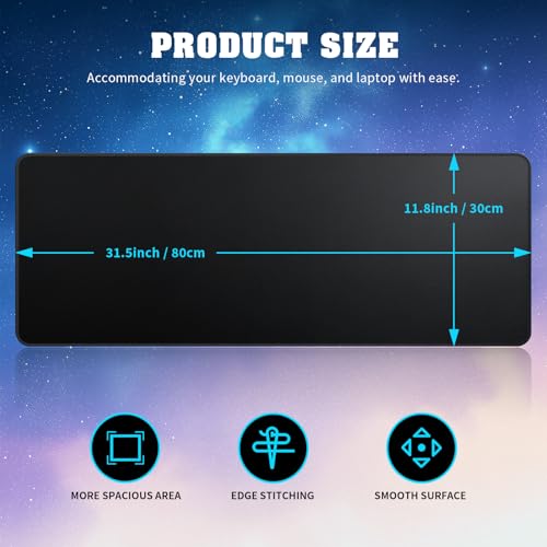 Large Mouse Pad with Stitched Edges, Desk Pad Mat with Durable Non-Slip Rubber Base for Gamer Desktop Office Home Black 31.5x11.8in