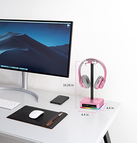 KAFRI RGB Headphone Stand with USB Charger Desk Gaming Headset Holder Hanger Rack with 3 USB Charging Port and 2 Outlet - Suitable for Gamer Desktop Table Game Earphone Accessories Girlfriend Gift - color: Pink