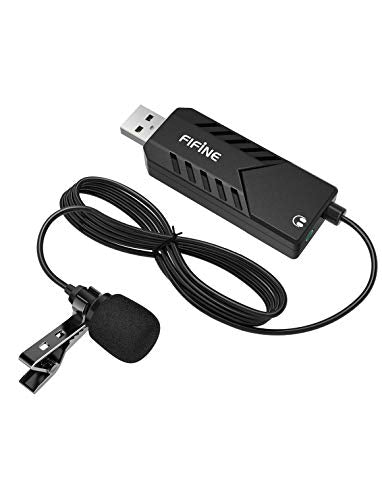 FIFINE USB Lavalier Lapel Microphone, Clip-on Cardioid Condenser Computer Mic Plug and Play USB Microphone with Sound Card for PC and Mac-K053