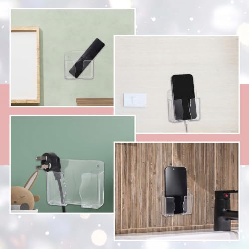 4 Pack Wall Mounted Phone Holder, Phone Stand Self Adhesive with Charging Hole, Compatible with All Smartphone Phones Cradle Bedside Organizer Remote Control Stand for Home Office (Clear)