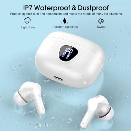 Wireless Earbuds, Bluetooth 5.4 Headphones HiFi Stereo, Bluetooth Earbuds with ENC Noise Cancelling Mic, IP7 Waterproof in Ear Earphones, 48H, LED Display Ear buds for Pad Workout Sports, White Purple - color: White