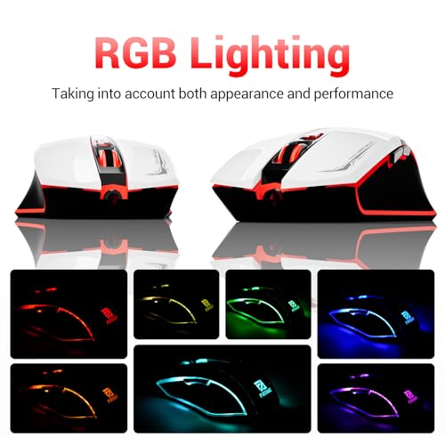 Wired Mouse for Computer and Laptop, Gaming Mouse RGB, Wired Optical Mouse with 6 Programmable Buttons & 7 Backlit Modes, USB Corded Mouse, Right or Left Hand Use - White