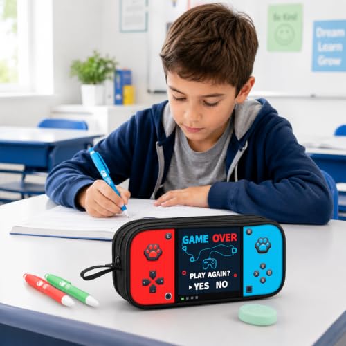 Game Controller Pencil Case for Boys Kids Teens, Large Capacity Pencil Pouch with 3 Compartments, 7 Pockets and Label Pocket for School College Office Travel (Red & Blue) - color: Red&Blue