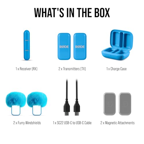 RØDE Wireless Micro - Compact Wireless Microphone, Two Mics with Charge Case for Smartphone Content Creation - USB-C, Blue | Two Ultra-Compact Clip-on Transmitters, USB-C Receiver, Charging Case, Magnetic Mounts and Furry Windscreens - color: USB-C Blue
