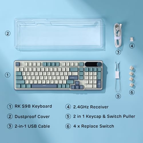 RK ROYAL KLUDGE S98 Wireless Mechanical Keyboard w/Smart Display & Knob | 96% RGB Wireless Gaming Keyboard BT/2.4G/USB-C, Hot Swappable Custom Keyboards, Creamy Sound Silent Computer Keyboard - color: Sky Blue, size: Linear Silent Switch
