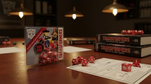 Renegade Game Studios Transformers RPG Dice Set, 8-Piece Red Polyhedral | Official translucent red dice with Autobot symbols. Includes 2 d20s, d12, d10, d8, d6, d4, and d2 coin for tabletop gaming