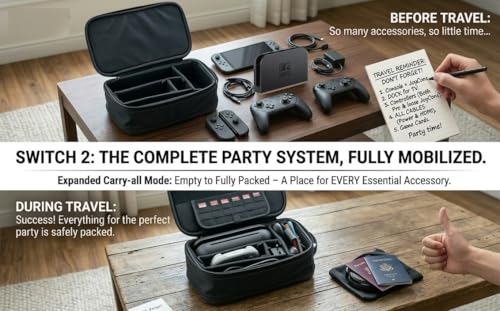 Veastar Switch 2 All in One Carrying Case in large storage capacity | Expandable storage feature ,Adjustable Organized storage, Fits dock and controllers, 2 in 1 mode for daily use and travel.
