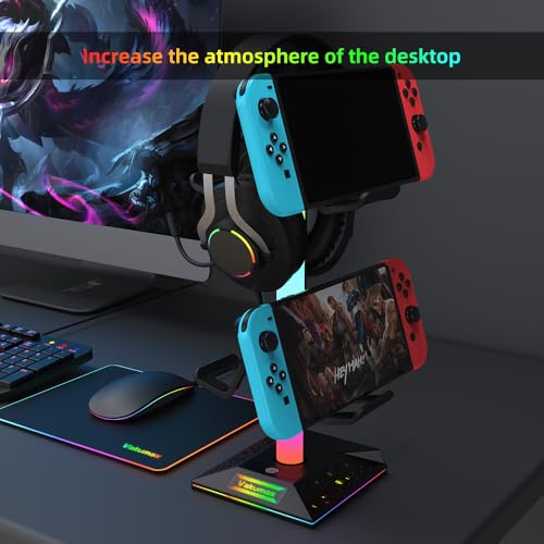 RGB Headphone and Controller Stand with USB Charging Hub, Gaming Headset Holder for Desk, 2 USB-A and USB-C Ports, Holds 4 Controllers, 10 Lighting Modes for PS5 Xbox Switch PC