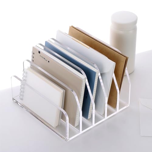 SANRUI Acrylic Desk File Organizer Holder for Desk, Clear Laddered 5 Upright Compartments Mail Sorters, Multifunction Desktop Envelope Folder Racks Document Holders for Office, Home, School - size: 5 Laddered Compartments