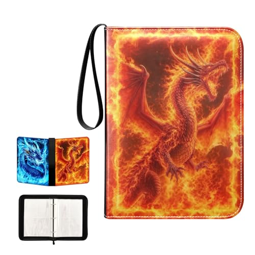 Blue Red Fire Dragon Card Binder, 4 Pocket Trading Card Holder with 50 Removable Sleeves, Zipper Card Binder Fits 400 Cards, Collection Card Storage Case Album Book Gifts - color: Dragon