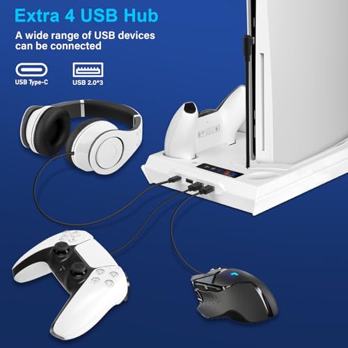 Cooling Station for PS5 with Dual Controller Charging Station, Stand for PS5 Slim Console, Headset Holder, 4 USB Hub & USB-C Port - All-in-One Accessories Organizer, White