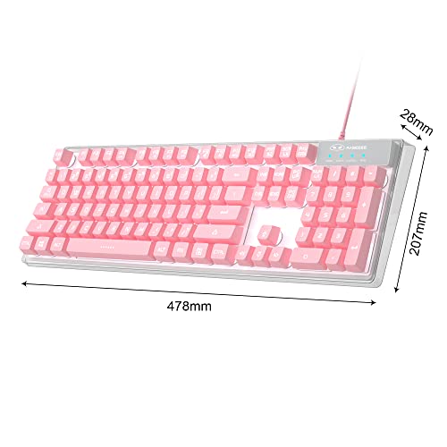 MageGee Gaming Keyboard, 7 Solid Colors Backlit Wired Gaming Keyboard with Clear Housing and Double-Shot Keycaps, K1 Waterproof Ergonomic 104 Keys Light Up Keyboard for PC Desktop Laptop, Pink