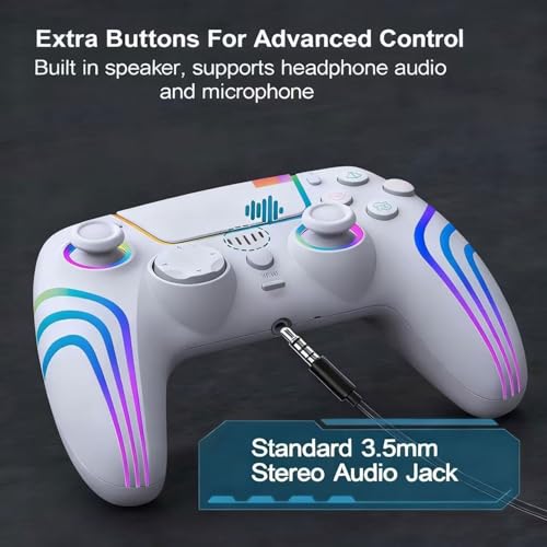 RGB Wireless Game Controller for PlayStation 5 Bluetooth Replacement Gamepad for PS-5/ Windows PC Rechargeable Double Vibration Motion Sensor Joystick Remote Joypad with 1500mAh Battery,Turbo (White) - color: White