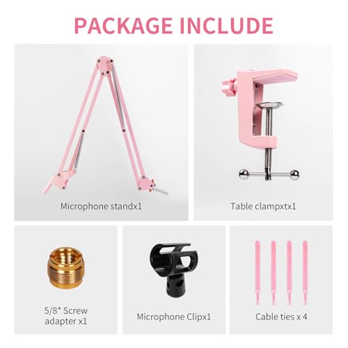 FEELWORLD AMS1 Microphone Boom Arm, Adjustable Mic Arm Stand with 3/8” to 5/8” Screw, Compatible with PM1 and other Mics for Podcast Straming Gaming Studio (Pink) - color: Pink