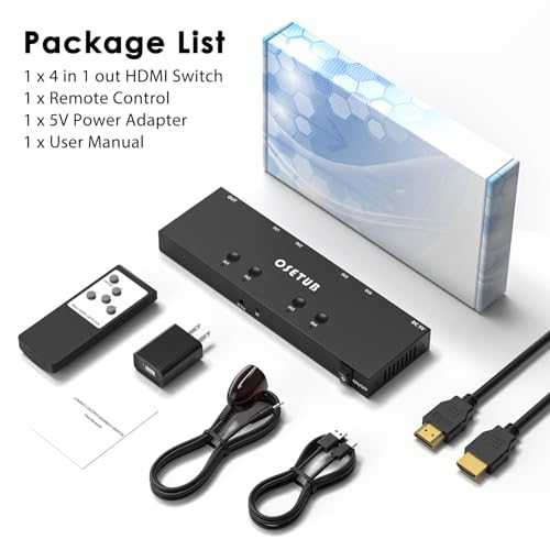 4K@60Hz 4 in 1 Out HDMI Switch, 4 Port HDMI Switcher Selector Support HDR10 & HDCP 2.2 & Full 3D with IR Remote Control Compitable with Nintendo Switch,Xbox PS5/4,Fire Stick,Roku,Apple TV for Gaming - size: 4K60Hz 4×1 HDMI Switch