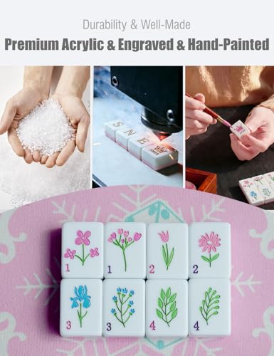 Mahjong Tile Set 160 Acrylic Engraved American Mahjong Game Sets | Pink Blossom Series 1.2” Mah Jongg Tiles with 6 Dice PU Bag Accessories Gifts for Majong Players Beginners - color: Pink Floral