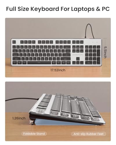 SEUNKWANG Wired Backlit Keyboard with Pudding Keycaps, Quiet Full Size Computer Keyboard Blue Backlight Easy-to-Read, Never Fade, Metal Panel, USB Cute Desk Setup for Windows PC Desktop, Black - color: Black-blue