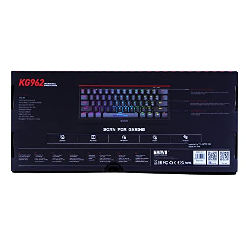 MARVO KG962 Mechanical Gaming Keyboard - 60 Percent Compact Format, Rainbow Backlit, Full Anti Ghosting with N Key Rollover, Red Switches, UK Layout
