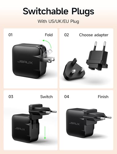JSAUX 65W GaN USB C Charger for Nintendo Switch 2, Powers in TV Mode, with EU/UK Plug & 6.6FT Cable for ROG Xbox Ally, Steam Deck, ROG Ally, iPhone 17e/17, Galaxy S26, Tablet & Laptop – Black | Powers in TV Mode, GaN PD Fast Charge for ROG Xbox Ally, Stea