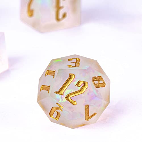 Cusdie 7 Pcs Frosted Dice Sharp Edges DND Dice, Handcrafted Polyhedral Dice Set, for Role Playing Game Pathfinder(Transparent) - color: Frosted-white