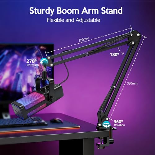 VCOM USB Microphone for PC,Condenser Dynamic Boom Arm Mic for Podcasting,Streaming, with Monitoring Headphone 3.5mm Jack,Quick Mute,RGB Indicator,Shock Mount,Rotate gain Button,Black
