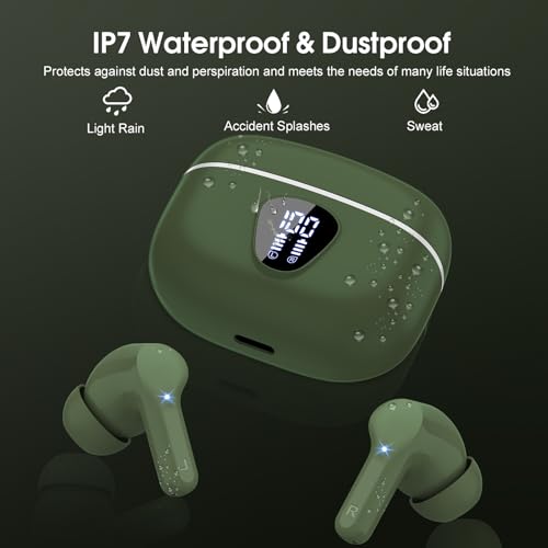 Wireless Earbuds, Bluetooth 5.4 Headphones HiFi Stereo, Bluetooth Earbuds with ENC Noise Cancelling Mic, IP7 Waterproof in Ear Earphones, 48H, LED Display Ear buds for Pad Workout Sports, Retro Green - color: Retro Green