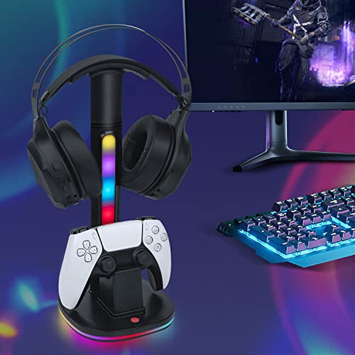 Controller Charger with 7 RGB Lighting Modes – Docking Charging Station with Fast Dual Ports & Headphone Stand (Compatible with PS5).