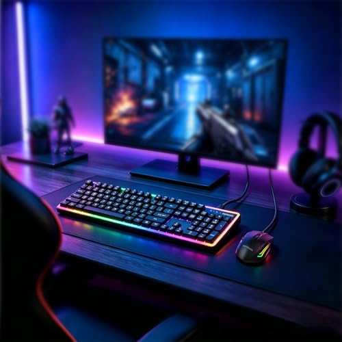 Wired RGB Keyboard and Mouse Combo, Rainbow Backlit, 104-Key Full-Size with Numpad, 6400 DPI Ergonomic High-Precision Mouse, USB Plug & Play, for PC Laptop Mac Office Gaming (Black)