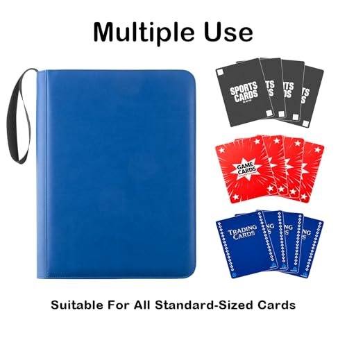 Prilino Ringless Trading Card Binder, 9 Pocket, 432 Storage Capacity, Blue | Premium Double-Sided PU Leather & Side Load Design, Smooth Page Turning, Tight Zip Closure, Conveniently Fits Sleeved Cards - color: Blue
