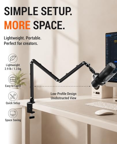 Low Profile Mic Arm for Lightweight Mics, Foldable Boom Arm with Desk Clamp, Mic Clip & 1/4" 3/8" 5/8" Adapters, 360° Metal Ball Head for Podcasting, Streaming & Gaming