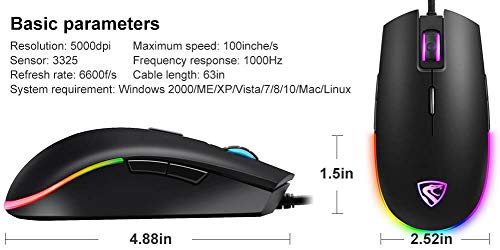 RGB Gaming Mouse Wired LED - FL G52 Backlit Optical USB Mouse with 8 Programmable Buttons, Comfortable Hand Feeling Mouse for Laptop PC Computer Gamer (Black)