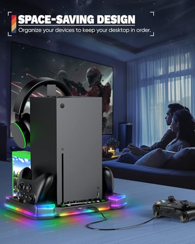 MENEEA Upgraded Charger-Stand Cooling-Fan for Xbox Series X, Dual Wireless Charger Dock Cooler System for Xbox Controller& Console,Accessories with 11 RGB Light Modes,2x1400mAh Rechargeable Batteries