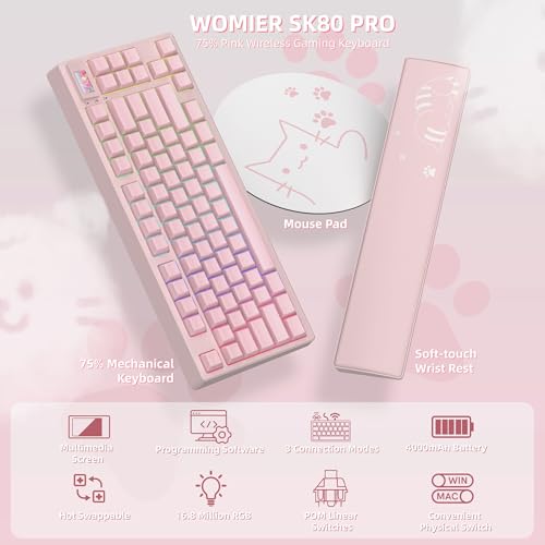 Womier 75% Pink Keyboard Wireless with Color Multimedia Screen | Creamy Mechanical Gaming Keyboard, 3-Modes Hot Swap Cute Key Board w/Wrist Rest, Gasket RGB Custom for Mac/Win (SK80 PRO) - color: Pink