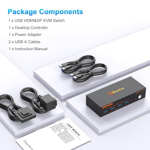 4K Kvm Switch 2 Monitors 2 Computers 4K@60Hz HDMI Displayport Dual Monitor KVM Switches 2 Ports for 2 PC Share Mouse Keyboard and 2 Screens with USB 3.0 Cables and Extended Controller