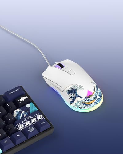 COSTOM Womier G705 USB Wired Gaming Mouse for PC Computer Windows Mac Laptop, Lightweight Silent RGB Backlit Mouse with Adjustable 12000DPI/7 Programmable Side Buttons,White Kanagawa Theme - color: white 2