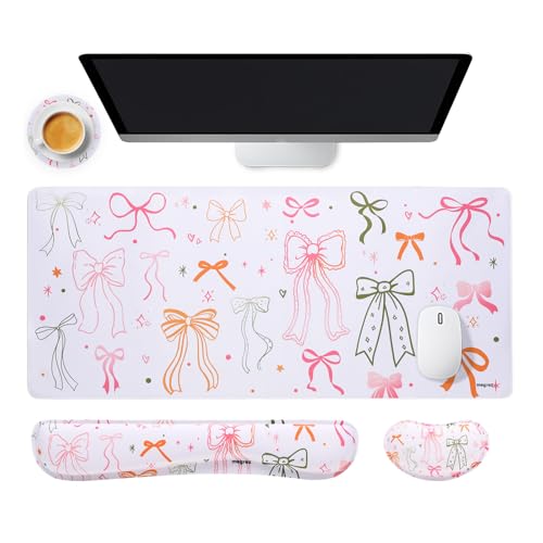 MEGREZ 4-in-1 Mouse Pad with Wrist Rest Ergonomic Memory Foam Desk Mat Set | ergonomic, anti-slip base, 4pcs set, desk pad, mouse wrist rest, keyboard rest, coaster, ideal for office & gaming - color: Bow