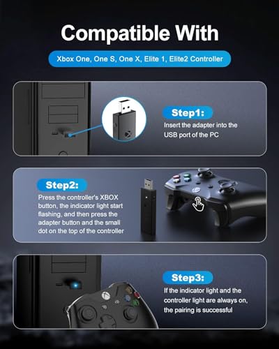 Wireless Adapter for Xbox One Controller Works with PC, Laptops, Tablets, Windows 7 8 10, Compatible with Xbox One, One S, One X, Elite 1, Elite 2 Controller - Low Latency (Black)