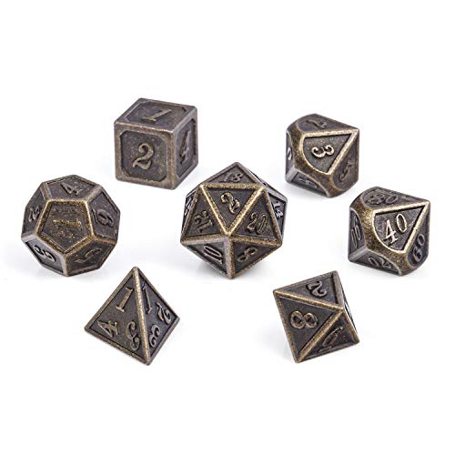 DnDnD Ancient Design Dice, 7PCS Brass DND Metal Dice with Metal Box for Table Games Dungeons and Dragons D&D - color: Ancient Brass
