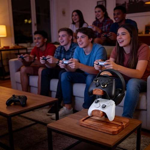 Solid Wood Headphone Stand with Controller Holder, Space-Saving Dual Hanger & Gamepad Organizer for Desktop, Gaming Desk Accessories with Stable Base Storage