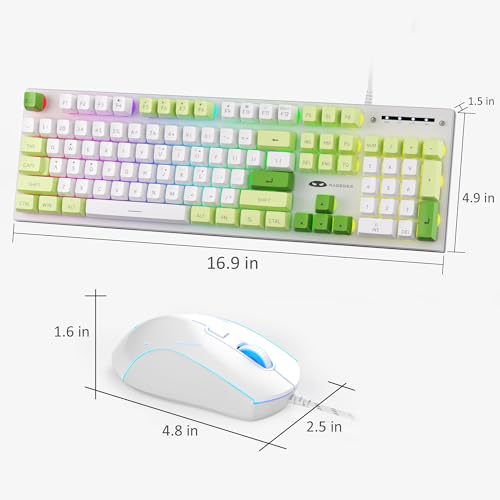 MageGee GT838 Gaming Keyboard and Mouse Combo, 104 Keys RGB Backlit Quiet Wired Keyboards with Number Pad, Metal Panel, Anti-Ghosting, Keyboards Set for Desktop, Laptop, PC, Green - color: White Green